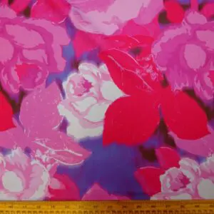 Crepe Satin Print Fabric Storm Roses Cerise Purple Blue