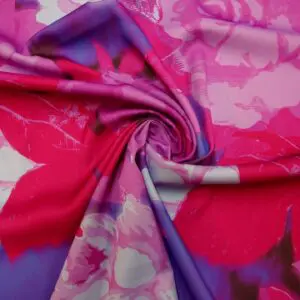 Crepe Satin Print Fabric Storm Roses Cerise Purple Blue