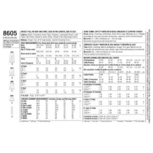 Fabric Land Simplicity 8605 Sewing Pattern Sizing Chart