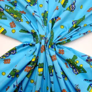 Cotton Fabric Steam Trains Turquoise