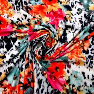 T-Shirting Fabric Floral Hidden Leopard White Black Orange
