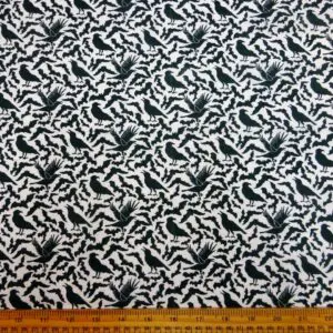 Halloween Polyester Cotton Fabric Bats and Ravens Black on White