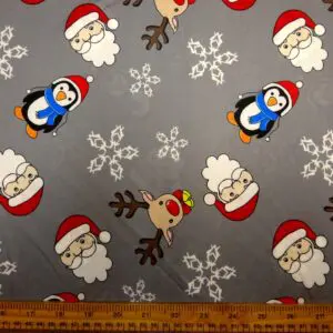 Jersey Fabric Christmas Santa And The Reindeers Grey
