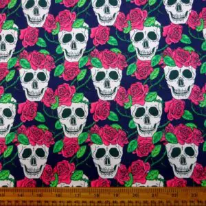 Halloween Polyester Cotton Fabric Skulls and Roses Navy/Cerise