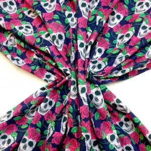 Halloween Polyester Cotton Fabric Skulls and Roses Navy/cerise