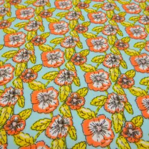 Polyester Cotton Fabric Floral Popping Petunias Turquoise Coral