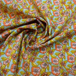Polyester Cotton Fabric Floral Popping Petunias Turquoise Coral