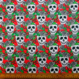Halloween Polyester Cotton Fabric Skulls and Roses Red