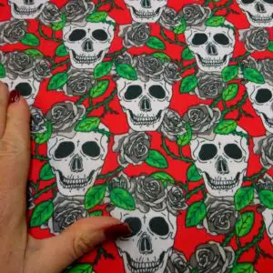 Halloween Polyester Cotton Fabric Skulls and Roses Red