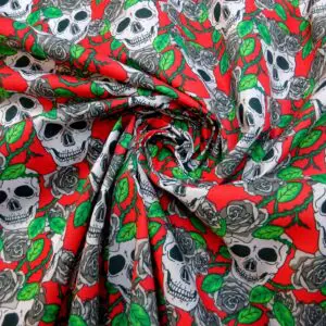 Halloween Polyester Cotton Fabric Skulls and Roses Red