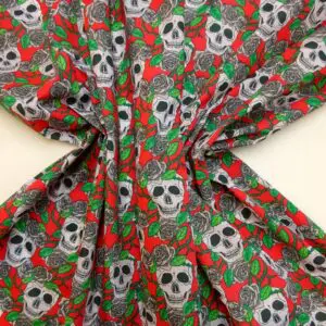 Halloween Polyester Cotton Fabric Skulls and Roses Red
