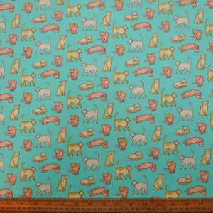 Polyester Cotton Fabric Feline Friends Mint