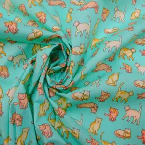 Polyester Cotton Fabric Feline Friends mint