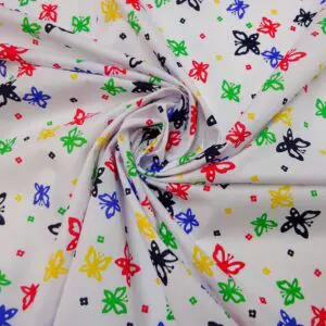 Polyester Cotton Fabric Flutter Butterfly White Red