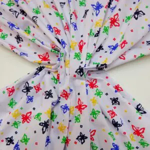 Polyester Cotton Fabric Flutter Butterfly White Red