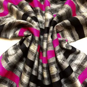 Curtain Fabric Satin Finish Seersucker Stripe Black/Grey/Hot Pink