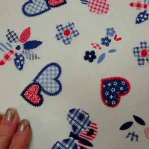 Polyester Cotton Fabric Dutch Hearts Red/Blue/Cream