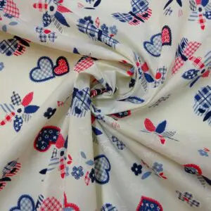 Polyester Cotton Fabric Dutch Hearts Red/Blue/Cream