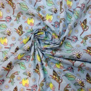 Polyester Cotton Fabric Floral Apple Butterflies Blue