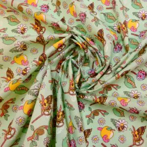 Polyester Cotton Fabric Floral Apple Butterflies Mint