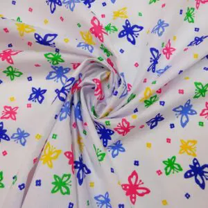 Polyester Cotton Fabric Flutter Butterfly White Pink