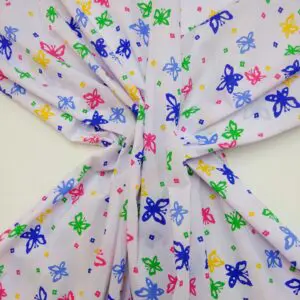Polyester Cotton Fabric Flutter Butterfly White Pink