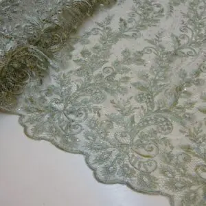 Lace Fabric With Rhinestone Sequin Double Scalloped Cornish Sage