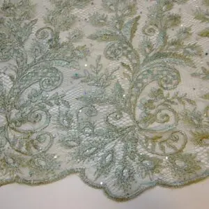 Lace Fabric With Rhinestone Sequin Double Scalloped Cornish Sage