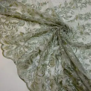 Lace Fabric With Rhinestone Sequin Double Scalloped Cornish Sage