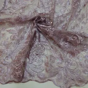 Lace Fabric Rhinestone Sequin Double Scalloped Dusty Lavender