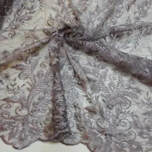 Lace Fabric With Rhinestone Sequin Double Scalloped Dusky Mauve