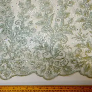 Lace Fabric With Rhinestone Sequin Double Scalloped Cornish Sage