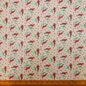 Christmas Polyester Cotton Fabric Christmas Robins Cream