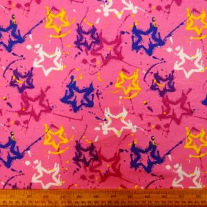 Jersey Fabric Printed Loop Backed Graffiti Stars Cerise Royal Yellow