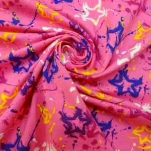 Jersey Fabric Printed Loop Backed Graffiti Stars Cerise Royal Yellow