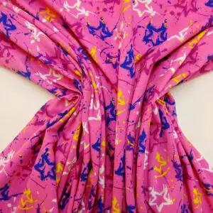 Jersey Fabric Printed Loop Backed Graffiti Stars Cerise Royal Yellow