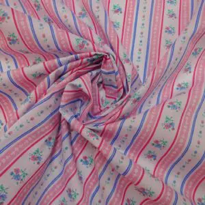 Polyester Cotton Fabric Floral Regency Stripe Pink