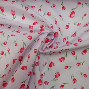 Polyester Cotton Fabric Floral Molly Tulips Red