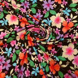 T-Shirting Fabric Floral Meadow Fever Mauve Black Orange