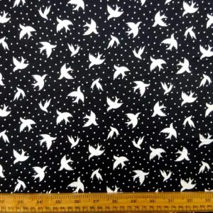 Cotton Fabric House Martins Bird Print Black