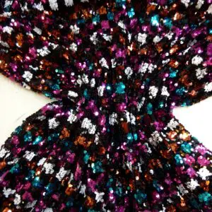 Sequin Fabric On Net Funky Squares Copper Turquoise Cerise