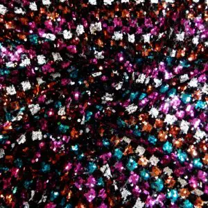Sequin Fabric On Net Funky Squares Copper Turquoise Cerise