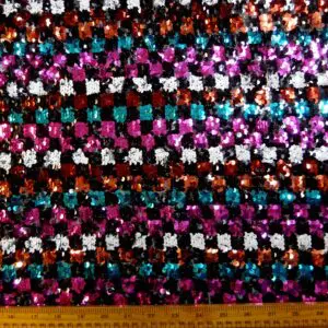 Sequin Fabric On Net Funky Squares Copper Turquoise Cerise