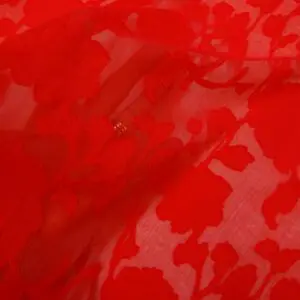 Georgette Fabric Flocked Embroidered Water Rose Coral Red