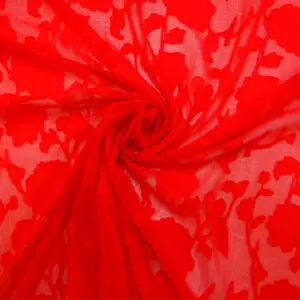Georgette Fabric Flocked Embroidered Water Rose Coral Red