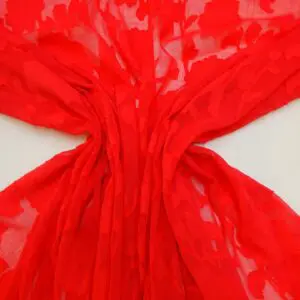 Georgette Fabric Flocked Embroidered Water Rose Coral Red
