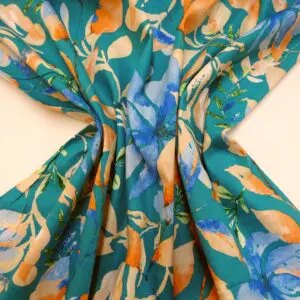 Suiting Fabric Natural Linen Floral Figi Forest Jade/Peach