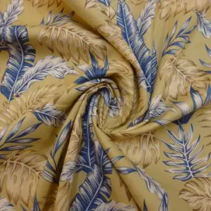 Suiting Fabric Natural Linen Floral Cheese Plant Fern Beige/Denim