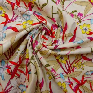 Suiting Fabric Natural Linen Floral Daffodil Cream Cerise