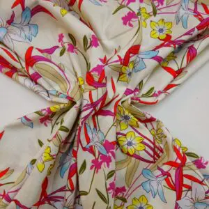 Suiting Fabric Natural Linen Floral Daffodil Cream Cerise